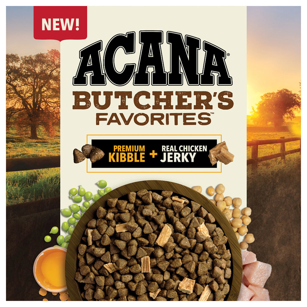 Close-up of ACANA Butcher’s Favorites Poultry & Liver Recipe packaging, showing a bowl of kibble mixed with chicken jerky.