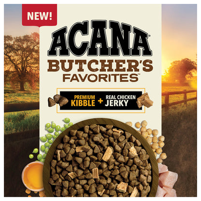 Close-up of ACANA Butcher’s Favorites Poultry & Liver Recipe packaging, showing a bowl of kibble mixed with chicken jerky.