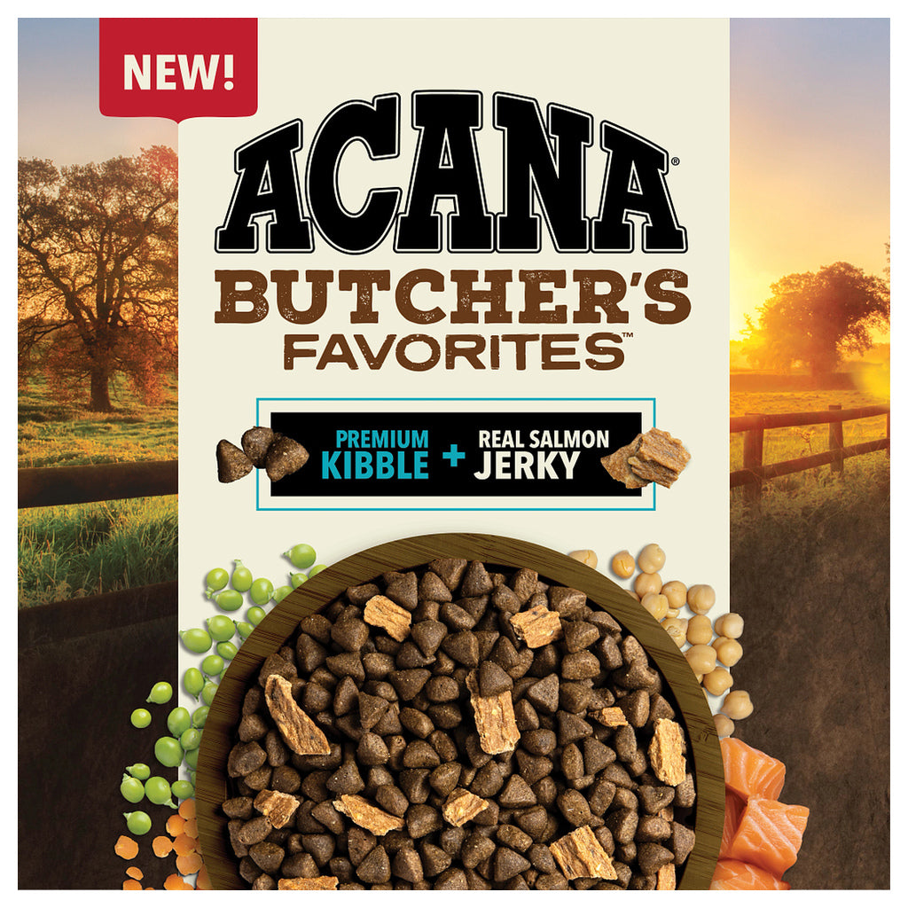 Close-up of ACANA Butcher’s Favorites Wild-Caught Salmon Recipe packaging, showing a bowl of kibble mixed with salmon jerky.