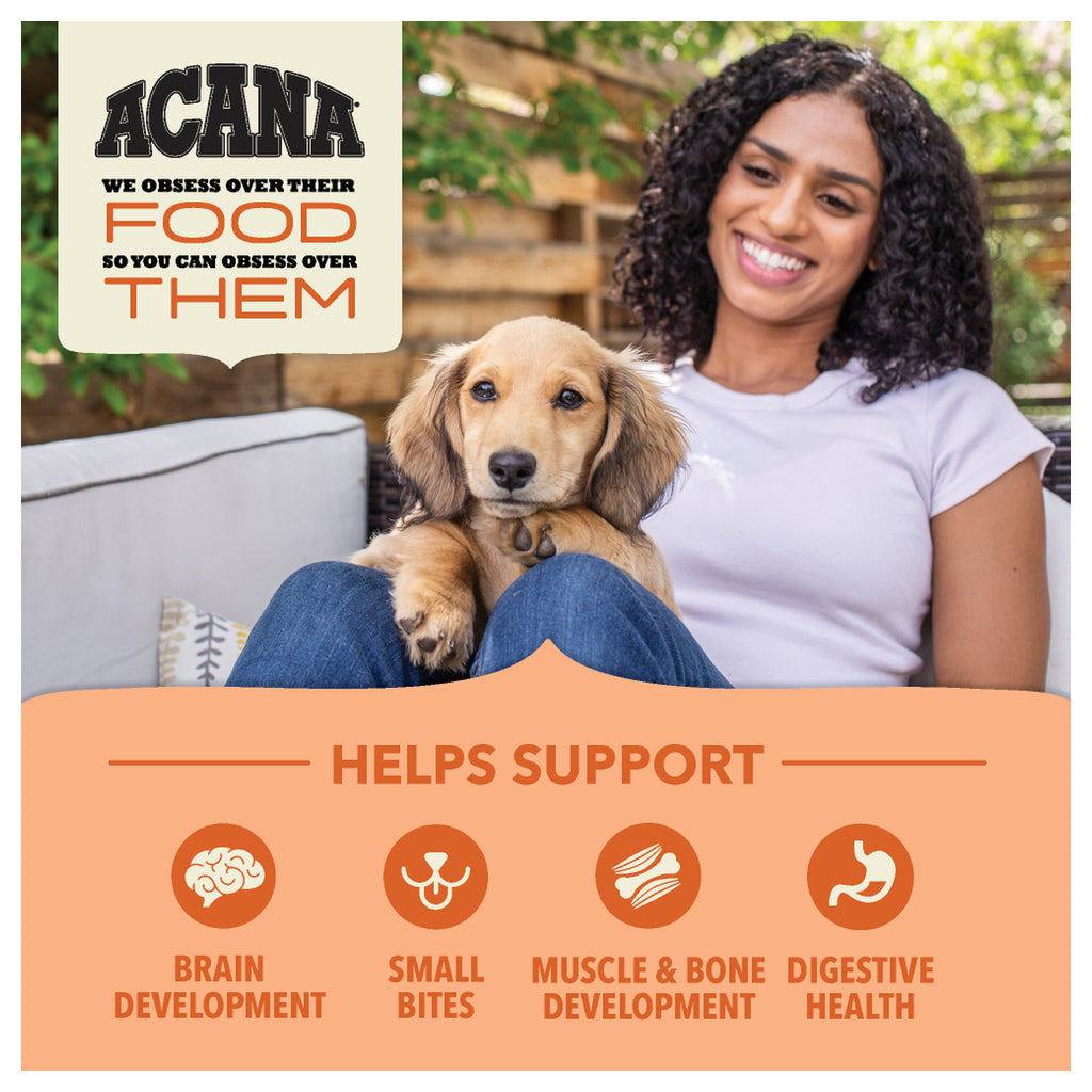 Woman holding a puppy; ACANA graphic highlights brain, muscle and bone development, digestive health, and small kibble bites.