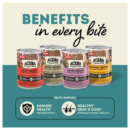 ACANA pâté cans in beef, duck, lamb, and poultry recipes; graphic highlights immune support and healthy skin and coat.