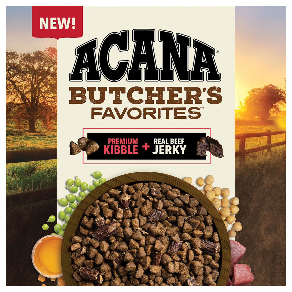 Close-up of ACANA Butcher’s Favorites Beef & Liver Recipe packaging, showing a bowl of kibble mixed with beef jerky.
