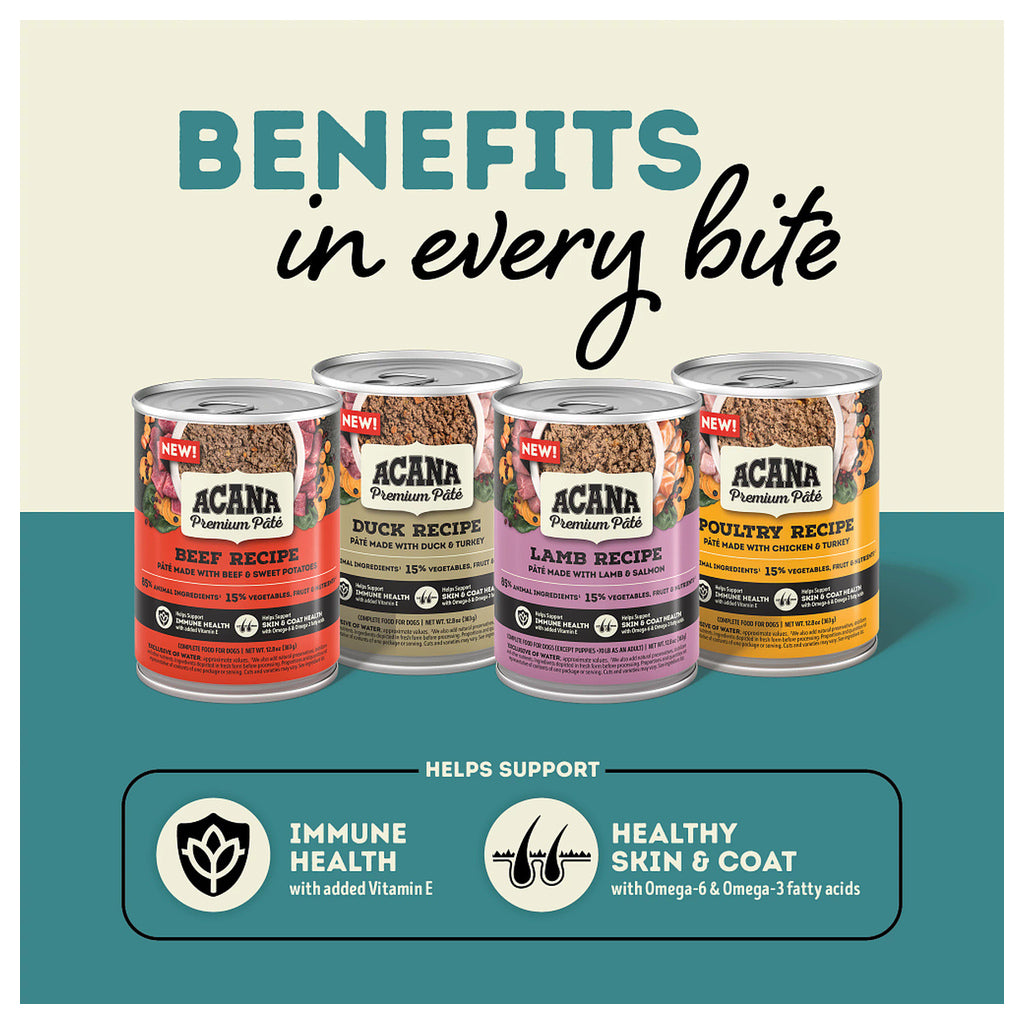 ACANA pâté cans in beef, duck, lamb, and poultry recipes; graphic highlights immune support and healthy skin and coat.