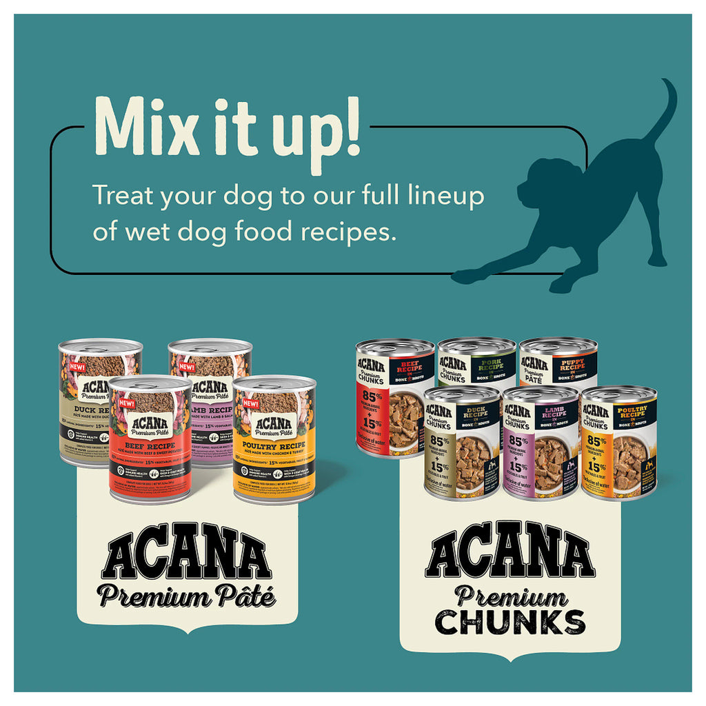 ACANA wet dog food lineup showing Premium Pâté and Premium Chunks cans on a teal background with the message Mix it up.