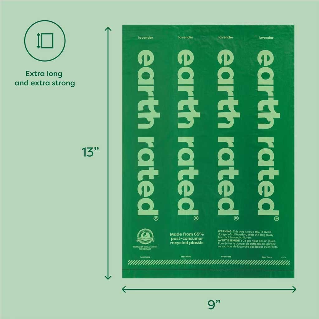 Earth Rated green dog poop bag with dimension arrows showing 9 inches wide by 13 inches long