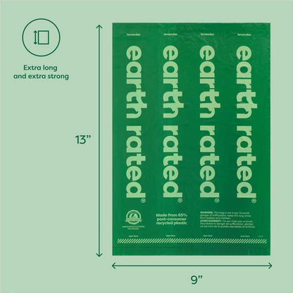 Earth Rated green dog poop bag with dimension arrows showing 9 inches wide by 13 inches long