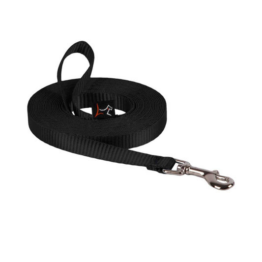 Coiled black Lupine Pet long-line training leash with a loop handle and silver swivel snap.