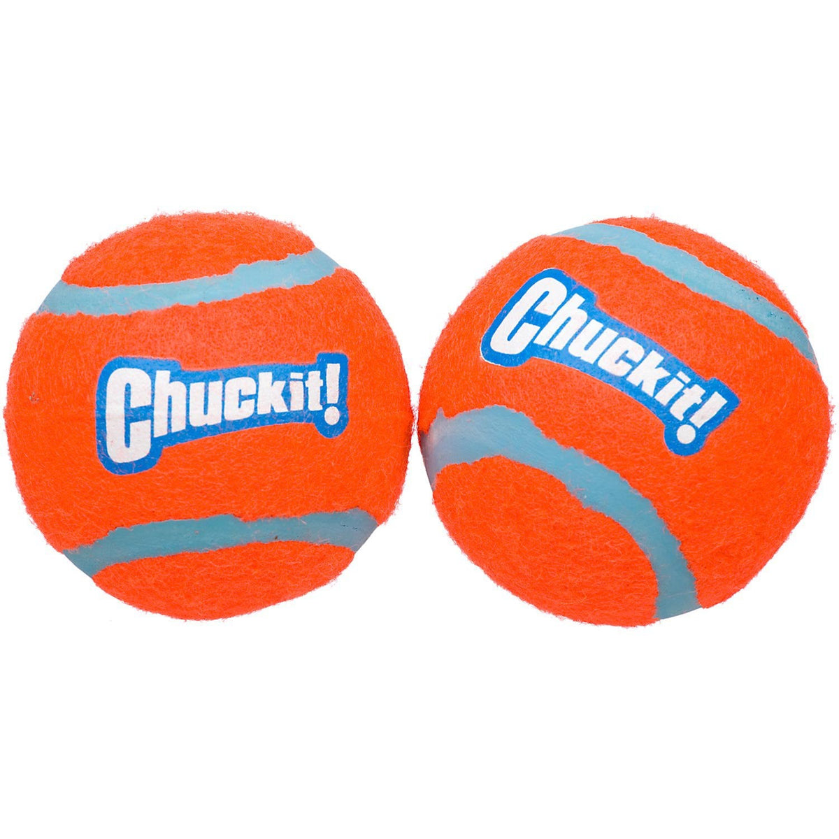 Two bright orange Chuckit! tennis balls with blue curved seams and Chuckit! logos on a white background.