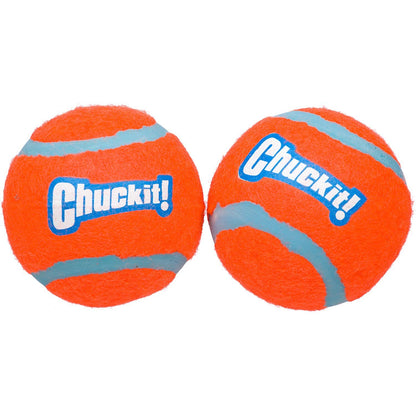 Two bright orange Chuckit! tennis balls with blue curved seams and Chuckit! logos on a white background.