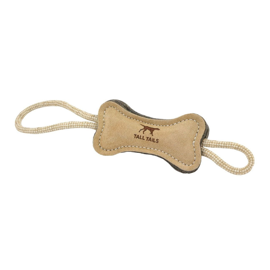 Tall Tails 16-inch Natural Leather & Wool Bone Tug dog toy with tan stitched bone-shaped center and rope loops at both ends