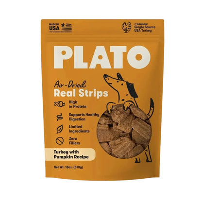 Plato Air-Dried Real Strips Turkey with Pumpkin dog treats, yellow 18 oz bag on a plain white background.