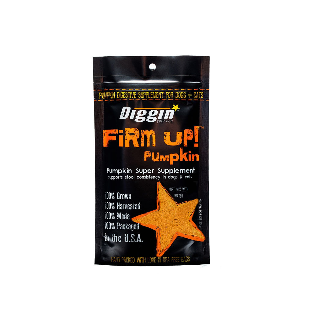 Front of the 1 oz Diggin' Your Dog Firm Up! Pumpkin supplement pouch for dogs and cats, with black packaging and an orange star.