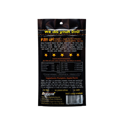 Back of the 1 oz Firm Up! Pumpkin supplement pouch showing feeding recommendations, guaranteed analysis, pumpkin and apple pectin ingredients, and barcode.