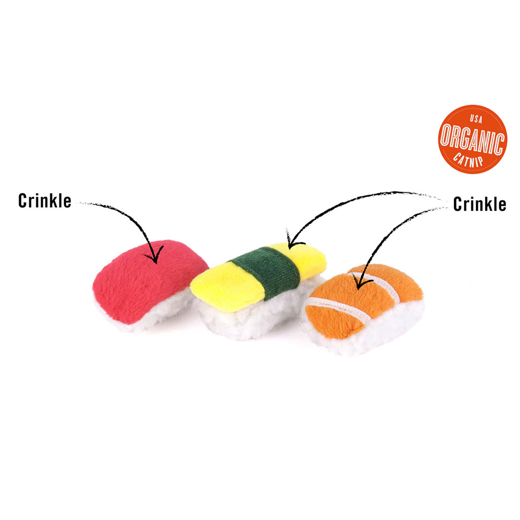 Cat catnip toy shaped as sushi rolls with crinkle sounds.