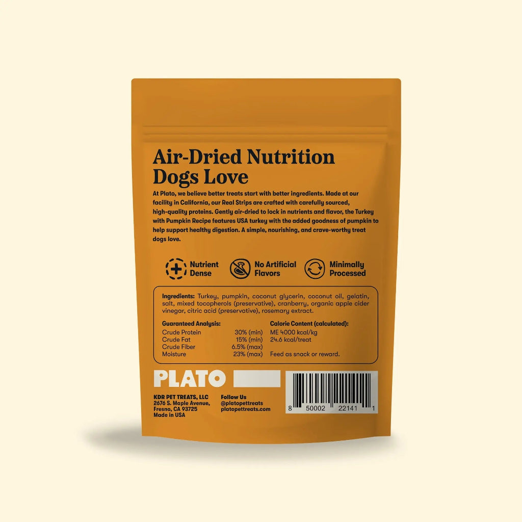 Back of Plato Turkey with Pumpkin Real Strips pouch showing ingredients, guaranteed analysis, feeding information and barcode.
