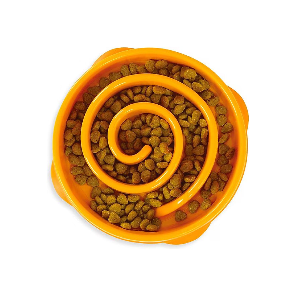 Top view of an orange Outward Hound Fun Feeder Slo Bowl with a raised spiral divider and kibble in the curved channels.