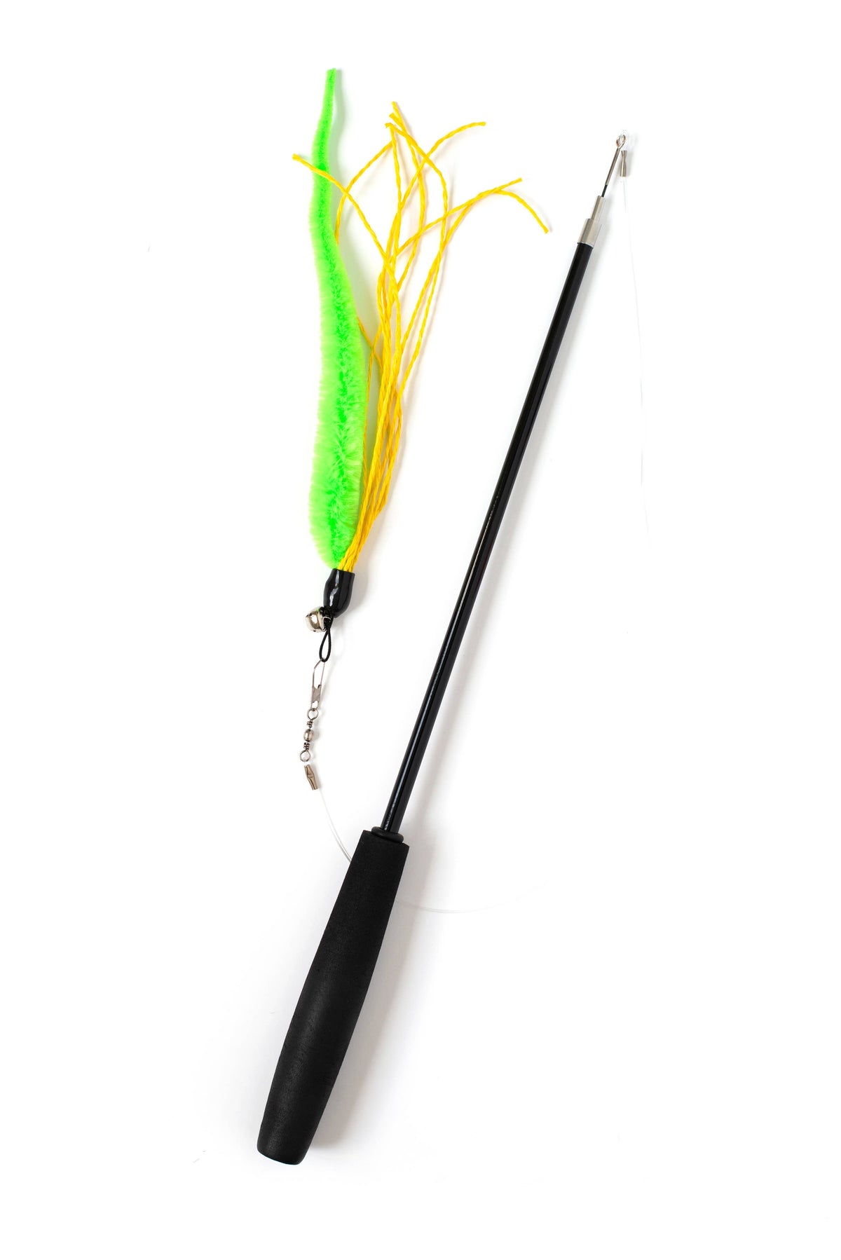 Black-handled Dezi & Roo Wiggly Wand cat toy with a green fuzzy worm lure and yellow strands.