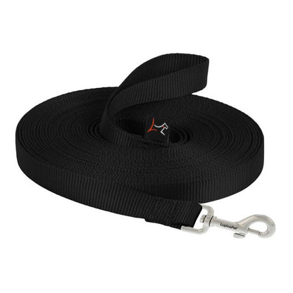 Black Lupine Pet long-line training leash coiled on a white background, showing its loop handle and metal snap.
