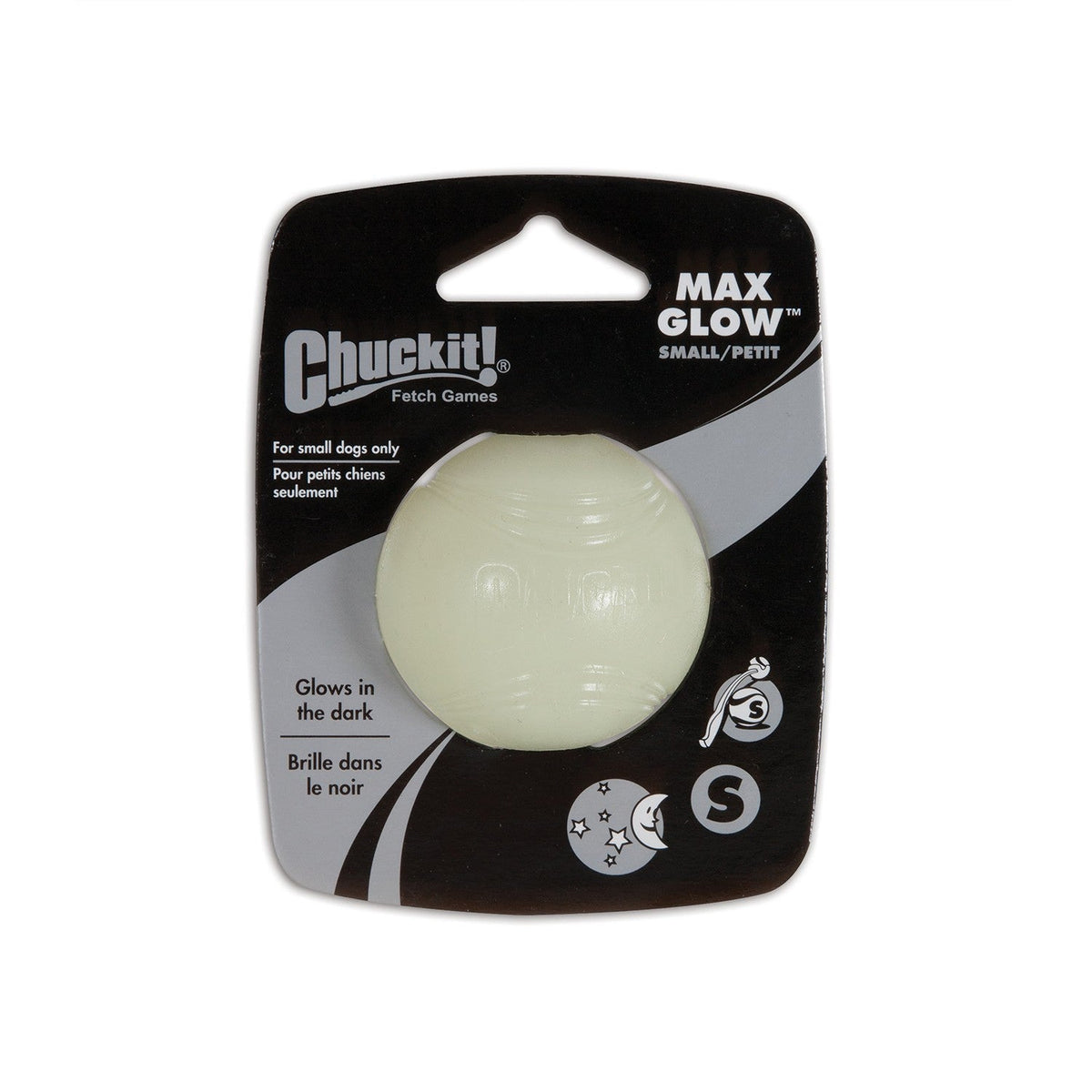 Chuckit! Max Glow small pale green rubber dog ball on black and silver packaging marked Small.