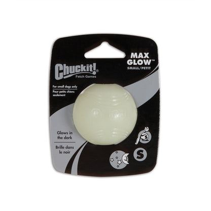 Chuckit! Max Glow small pale green rubber dog ball on black and silver packaging marked Small.
