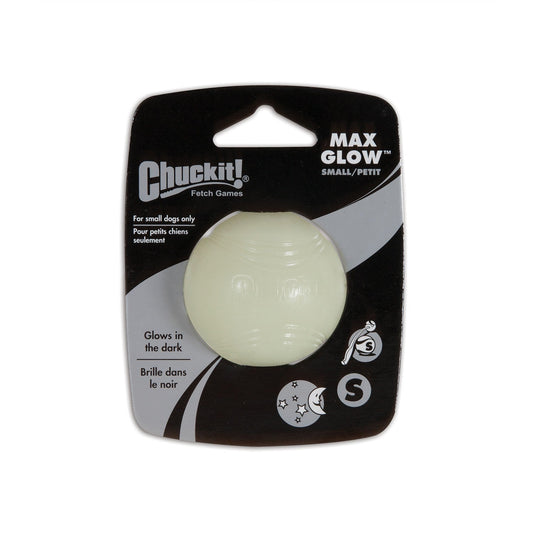 Chuckit! Max Glow small pale green rubber dog ball on black and silver packaging marked Small.