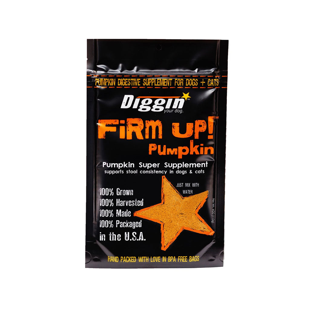 Front of the 4 oz Diggin' Your Dog Firm Up! Pumpkin supplement pouch for dogs and cats, with black packaging and an orange star.