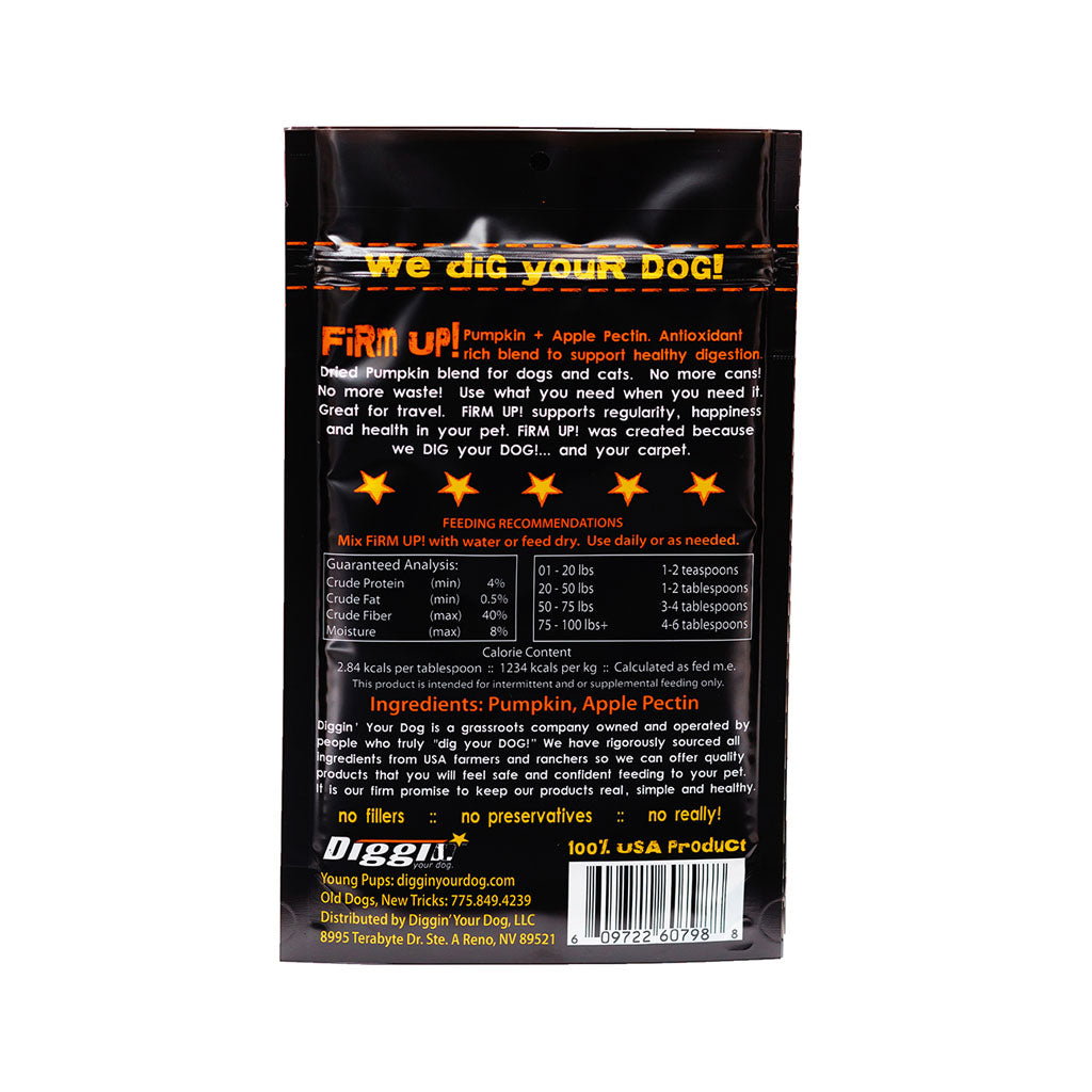 Back of the 4 oz Firm Up! Pumpkin supplement pouch showing feeding recommendations, guaranteed analysis, pumpkin and apple pectin ingredients, and barcode.