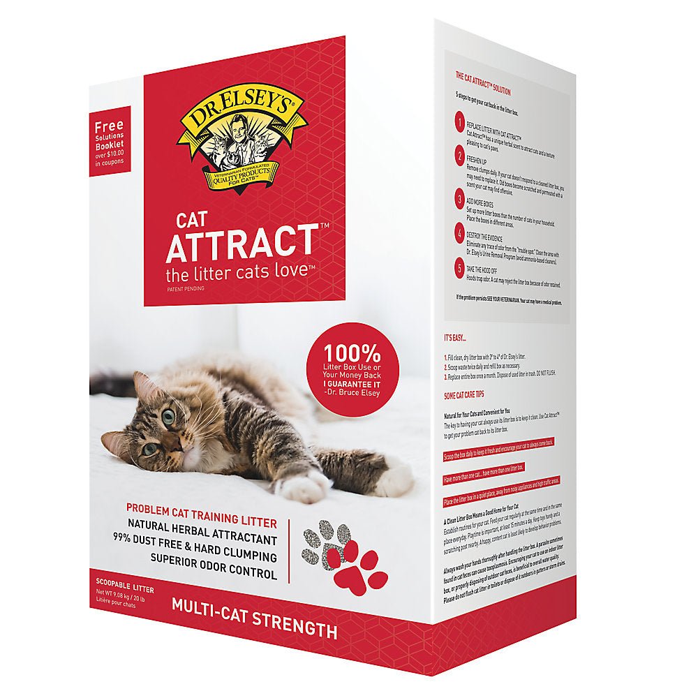 Dr. Elsey’s Cat Attract clumping clay litter in white and red multi-cat strength packaging with a tabby cat on the front.