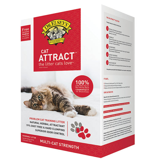 Dr. Elsey’s Cat Attract clumping clay litter in white and red multi-cat strength packaging with a tabby cat on the front.