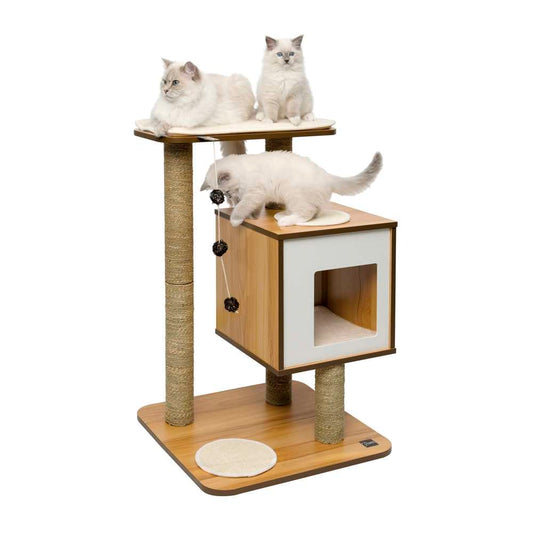 Three cats on a Catit Vesper Base Walnut cat tree, with two on the top perch and one reaching toward the hanging ball toys above the cube hideaway.