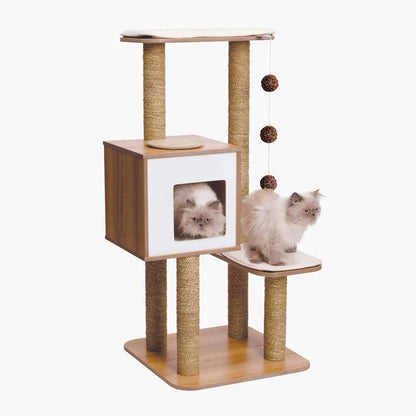 Two cats on a Catit Vesper High Base walnut-look cat tree with rope-wrapped posts, cushioned platforms, a cube hideaway, and hanging balls.