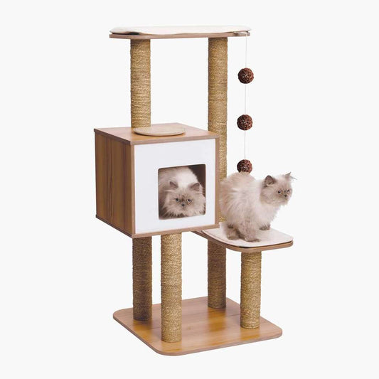 Two cats on a Catit Vesper High Base walnut-look cat tree with rope-wrapped posts, cushioned platforms, a cube hideaway, and hanging balls.