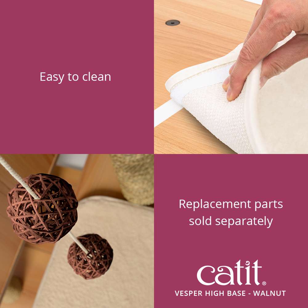 Catit Vesper High Base Walnut care graphic showing a removable cushion for cleaning and hanging ball toys, with replacement parts sold separately.