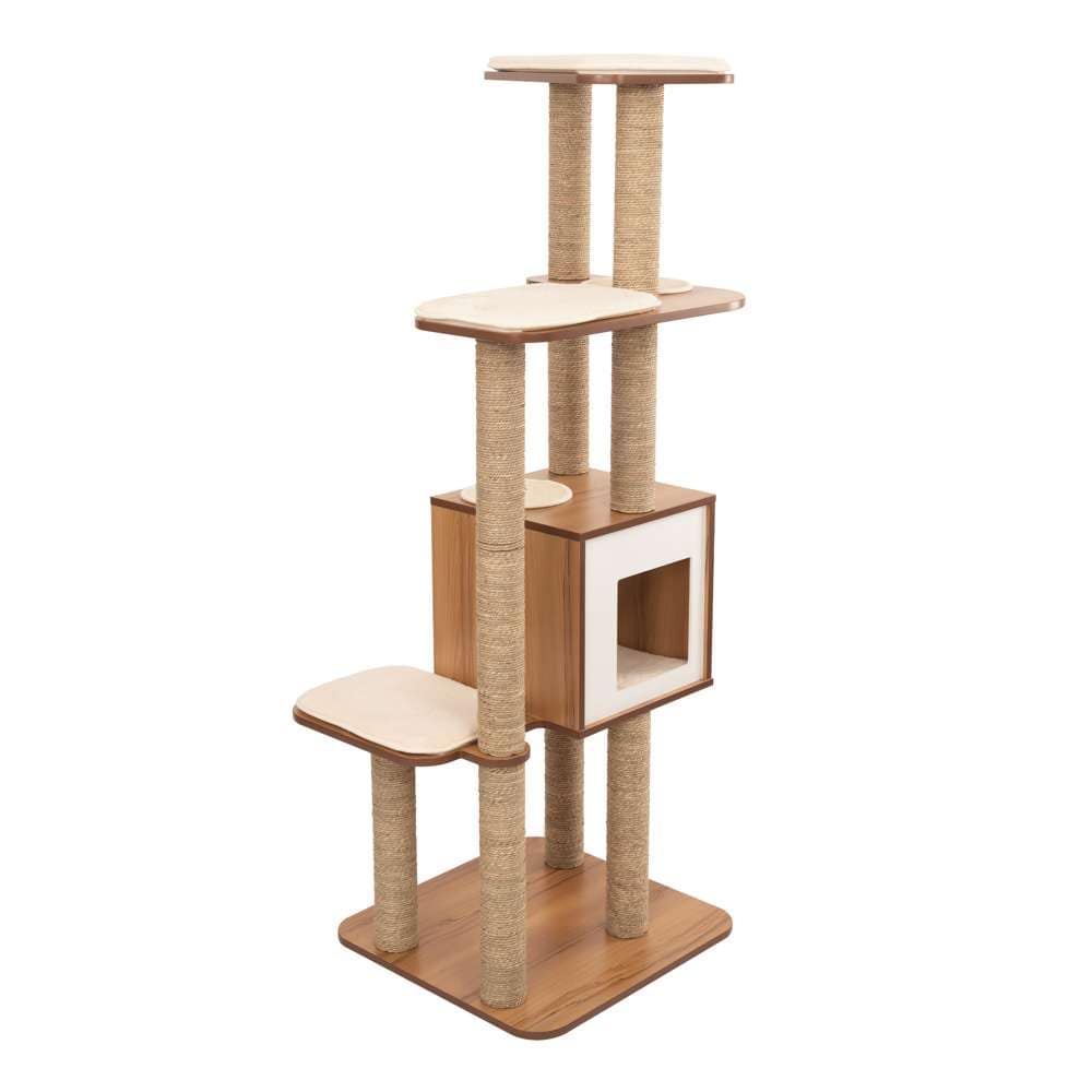 Catit Vesper High Base XL walnut-look cat tree with tall rope-wrapped scratching posts, cream cushioned platforms, and a cube hideaway.