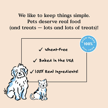 Bocce’s Bakery Mud Pie Oh My training treat graphic highlighting wheat-free, baked in the USA, and 100% real ingredients, with dog and cat illustrations.