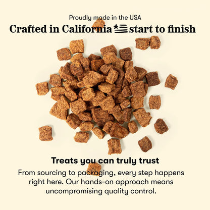 Pile of Plato Turkey with Pumpkin Jerky Bites with text describing sourcing, crafting and packaging in California.