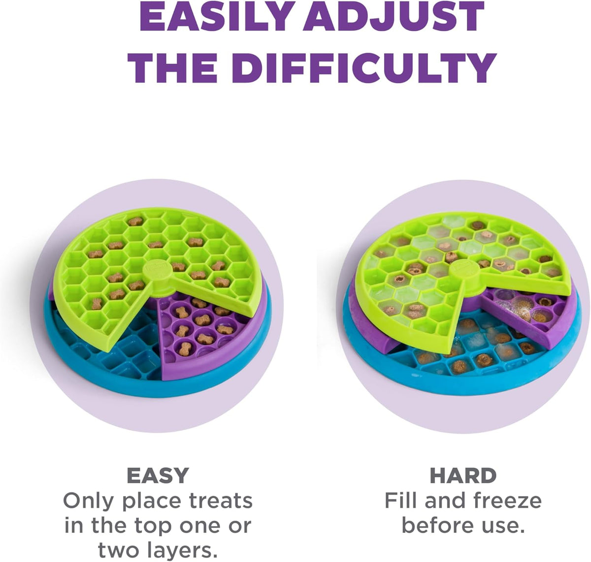 Lickin’ Layers difficulty guide: place treats in the top one or two layers for an easier puzzle, or fill and freeze the trays for a harder challenge.