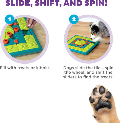 MultiPuzzle instructions: fill with treats or kibble, then let the dog slide the tiles, spin the wheel, and shift the sliders to uncover food.