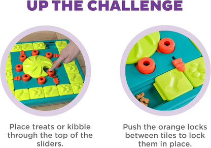 MultiPuzzle difficulty guide showing treats added through the slider openings and orange locks pushed between green tiles to hold them in place.