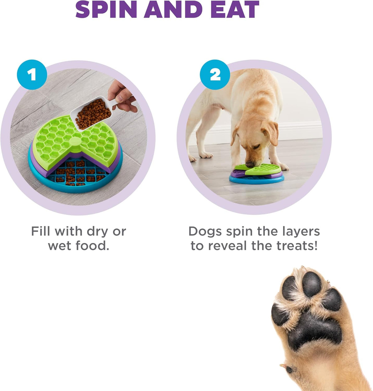 Lickin’ Layers instructions: fill the compartments with dry or wet food, then let the dog spin the layers to uncover the treats.