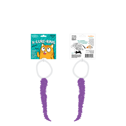 Front and back packaging views of the Dezi & Roo A-Lure-Ring cat wand attachment with a purple fuzzy tail.
