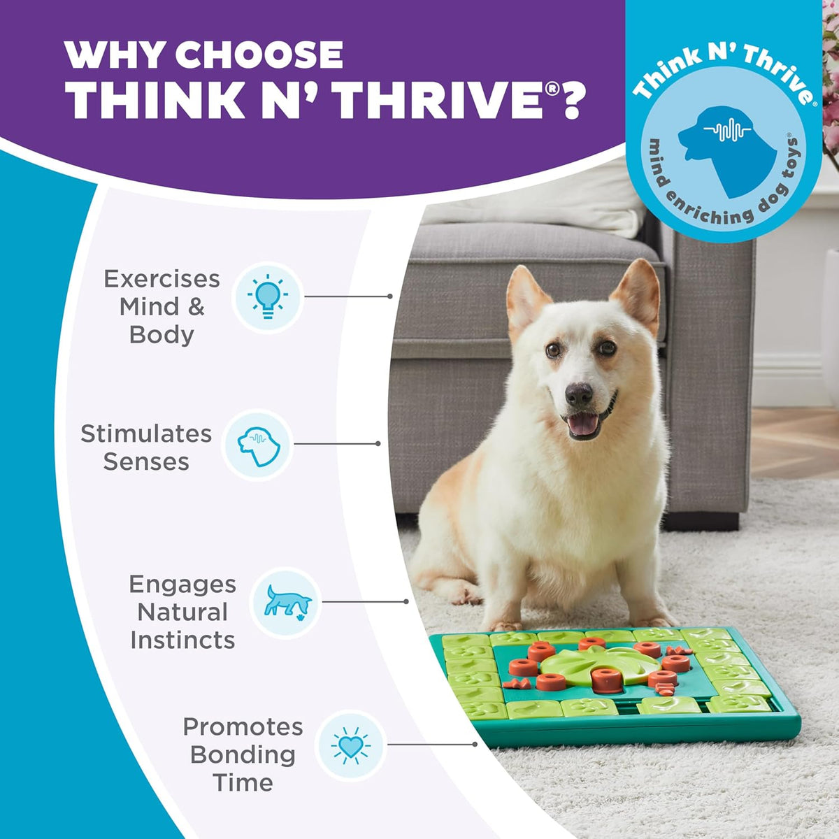 Tan dog sitting behind the MultiPuzzle; Think N’ Thrive infographic highlights exercise, sensory stimulation, natural instincts, and bonding time.