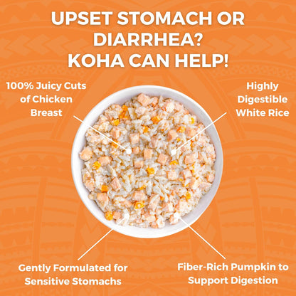KOHA chicken bland diet graphic showing chicken breast, white rice, and pumpkin in a bowl with digestive support features.