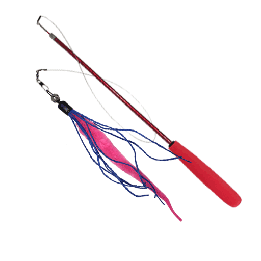 Red-handled Dezi & Roo Wiggly Wand cat toy with a pink fuzzy worm lure and purple strands on a white background.