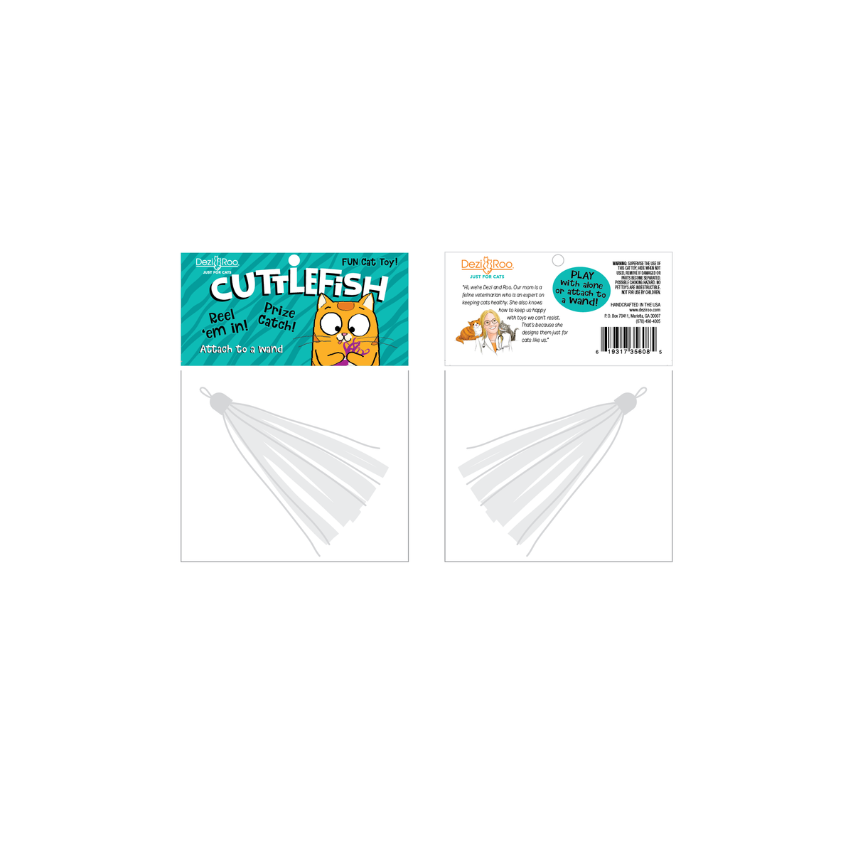 Dezi & Roo Cuttlefish cat wand attachment with white paper streamers shown in front and back retail packaging.