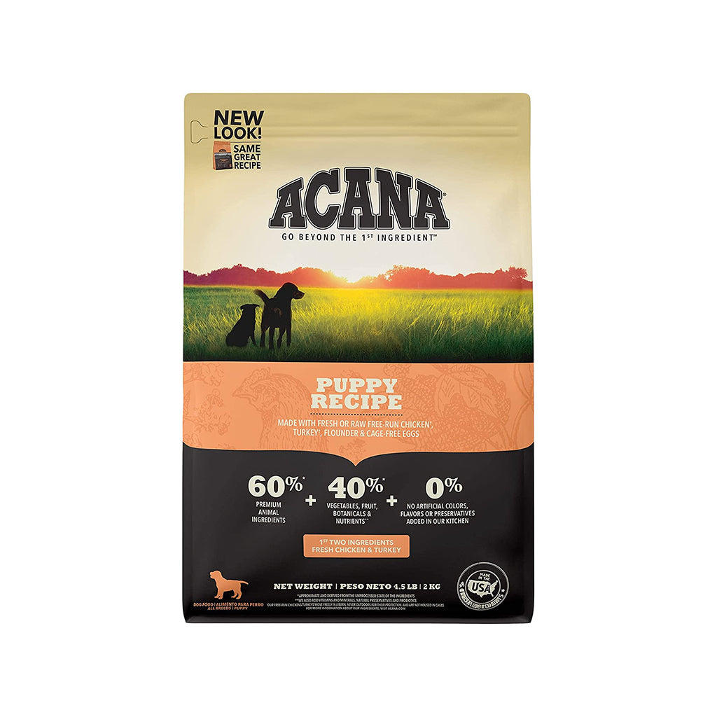 Front of a 4.5 lb bag of ACANA Puppy Recipe dry dog food with an orange label.