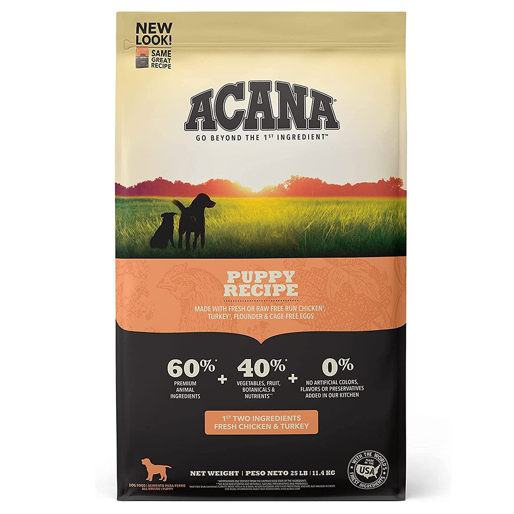 Front of ACANA Puppy & Junior Recipe dry dog food bag with an orange label.
