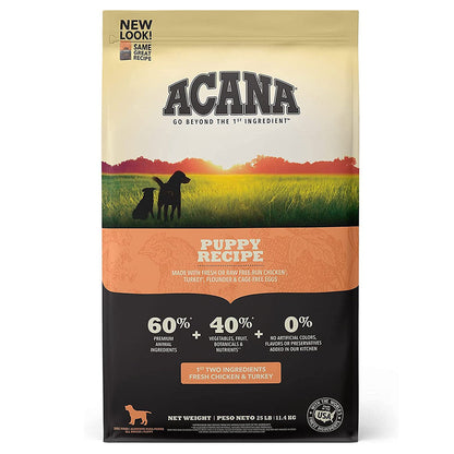 Front of ACANA Puppy & Junior Recipe dry dog food bag with an orange label.