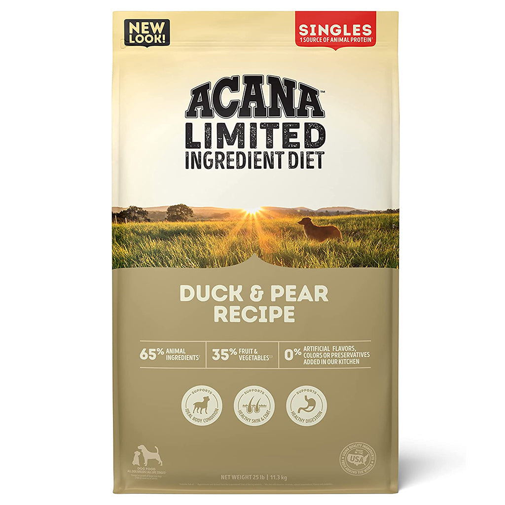 Front of ACANA Singles Limited Ingredient Diet Duck & Pear Recipe dry dog food bag with an olive-green label.