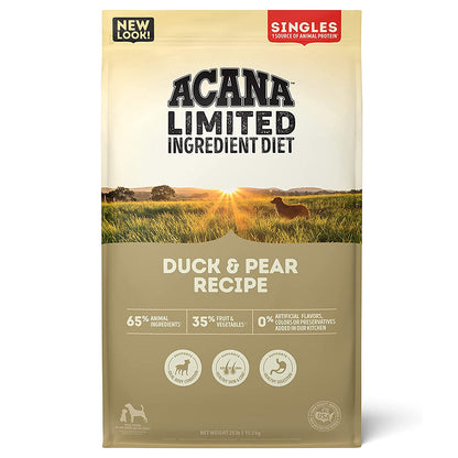 Front of ACANA Singles Limited Ingredient Diet Duck & Pear Recipe dry dog food bag with an olive-green label.